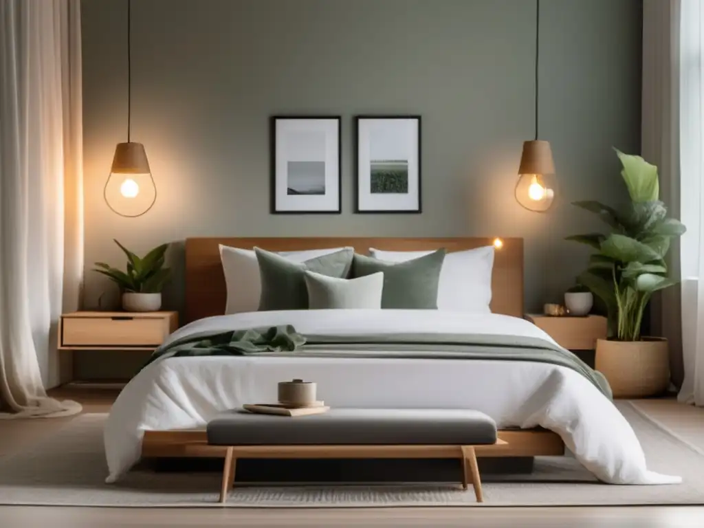 Un refugio sereno de descanso con una cama grande y acogedora, decoración minimalista y luz natural. <b>Importancia del sueño en longevidad.