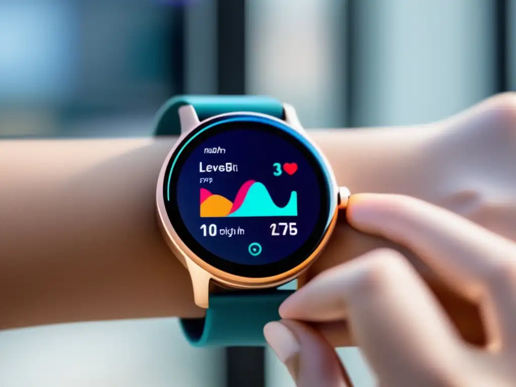 Smartwatch de diseño moderno con pantalla vibrante y métricas de salud Un reloj inteligente moderno y elegante muestra métricas de salud en una pantalla vibrante. Integrado a la vida diaria, refleja el potencial de las tecnologías vestibles para longevidad saludable en un entorno futurista y sofisticado.