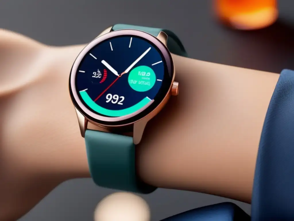 Un reloj inteligente moderno y elegante con pantalla AMOLED vibrante, mostrando datos de salud en tiempo real en un entorno urbano futurista. <b>Wearables inteligentes para monitorizar salud.