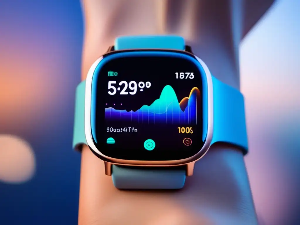 Un reloj inteligente moderno con una pantalla vibrante de alta resolución mostrando el movimiento de respiración de una persona, con gráficos detallados y estadísticas de datos respiratorios en tiempo real. El fondo presenta un diseño futurista y minimalista con iluminación suave y ambiental, transmitiendo una sensación de tecn