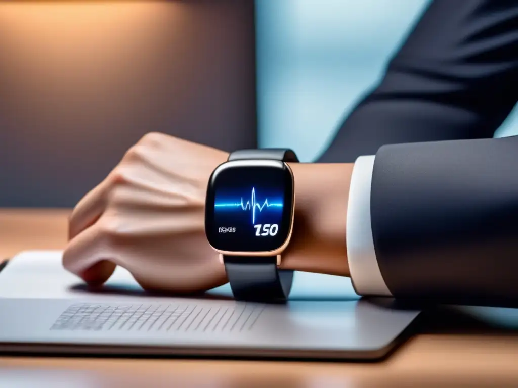 Un reloj inteligente moderno con pantalla digital de alta resolución muestra un detallado gráfico de ECG en tiempo real, mientras la mano de una persona descansa sobre un escritorio futurista y minimalista. La iluminación es suave e indirecta, resaltando las líneas limpias del reloj inteligente y