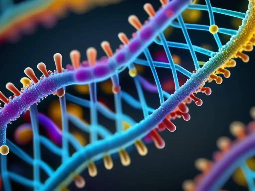 Una representación detallada y vibrante de un complejo enzimático de telomerasa, mostrando la extensión de telómeros a nivel molecular. <b>Terapia de telomerasa para longevidad.