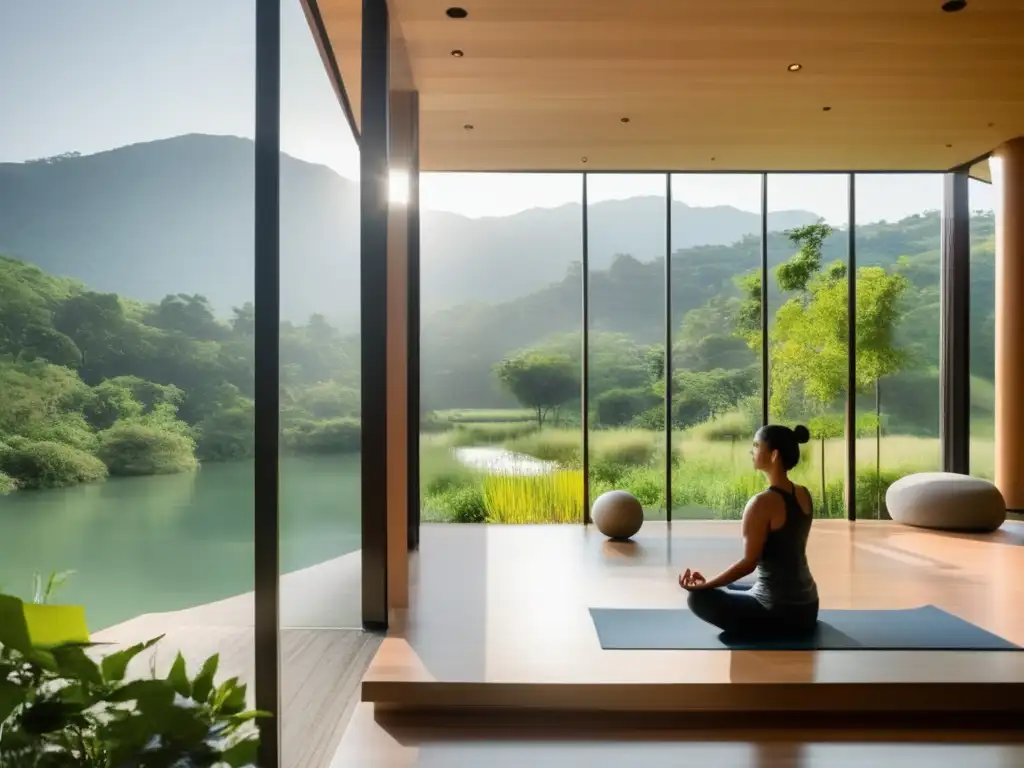 Retiro de longevidad para parejas: Centro de retiro moderno en la montaña con pareja practicando yoga, meditación y paseos en la naturaleza.