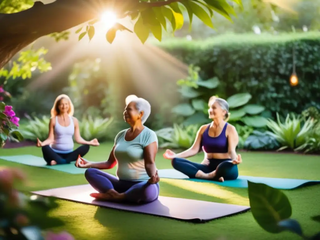 Un retiro de longevidad perspectiva edad salud: ancianos disfrutan de una sesión de yoga en un jardín sereno, lleno de vida y paz.