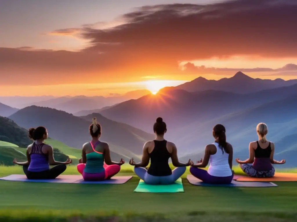 Retiros de Yoga para la Longevidad: Yoguis en armonía practicando yoga al atardecer en una montaña, con siluetas y un cielo vibrante de fondo.