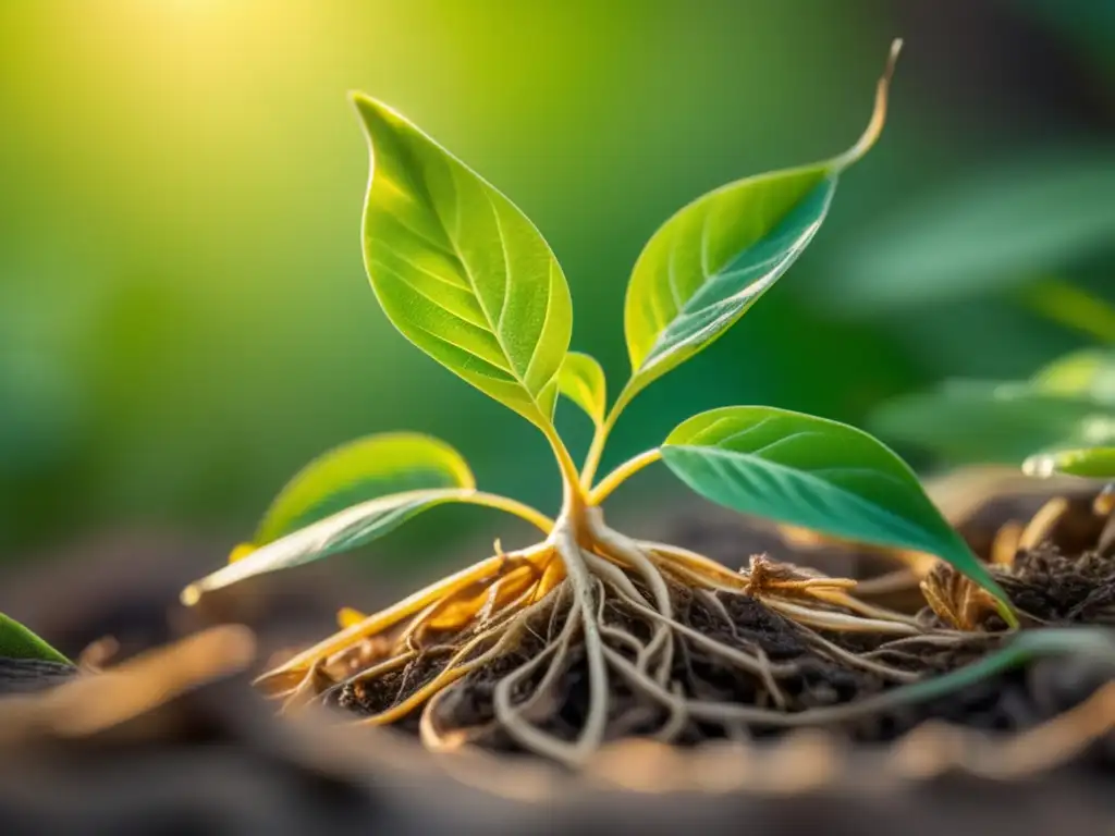 Un retrato detallado de una planta de ginseng vibrante bañada en suave luz dorada, mostrando su vitalidad y longevidad natural.