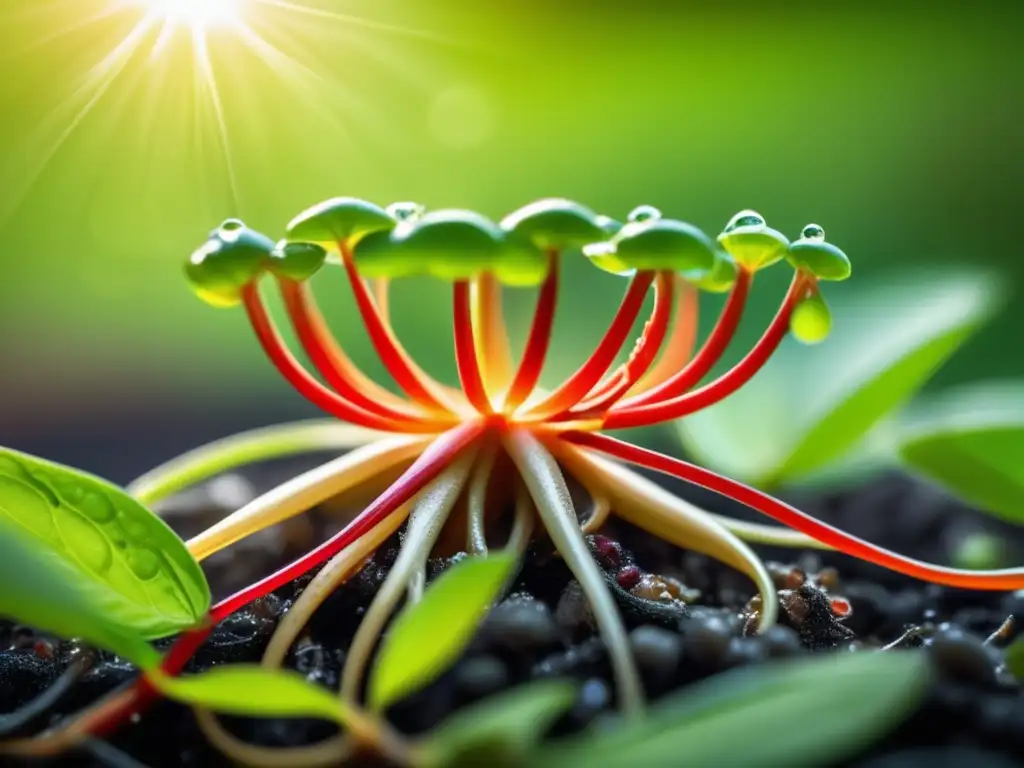 Un retrato detallado y vibrante de una planta de ginseng, con raíces intrincadas, hojas exuberantes y bayas rojas. <b>Las gotas de rocío y la luz solar realzan su belleza natural.</b> <b>Ginseng beneficios longevidad humana.