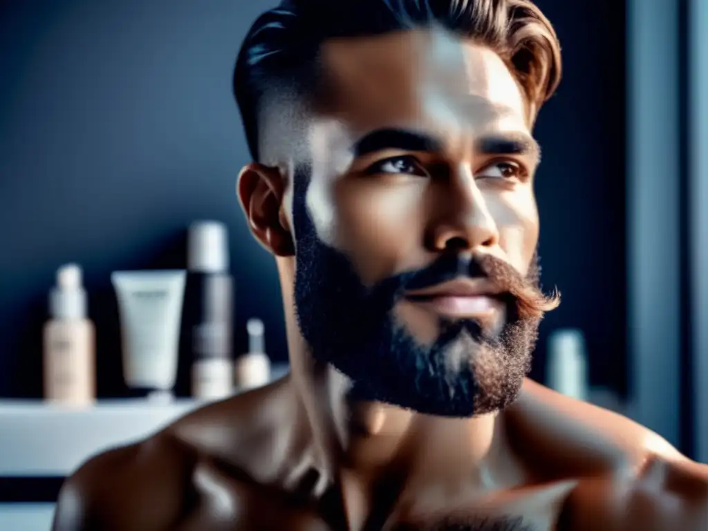 Un retrato de un hombre con piel impecable, una expresión serena y un cuidado facial visible. <b>El entorno es un baño minimalista con productos de cuidado de la piel.</b> Evoca la masculinidad moderna y la importancia de una rutina de cuidado de la piel bien elaborada. Cuidado de la piel masculina