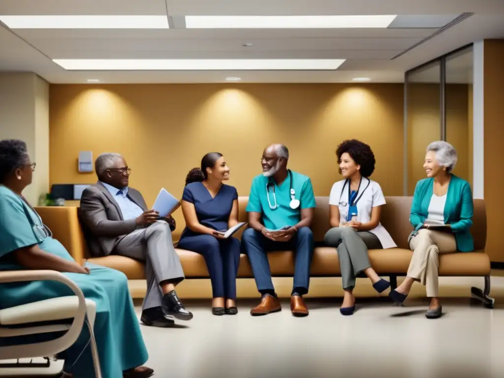 Una sala de espera moderna y bien iluminada con diversidad de pacientes, reflejando la disparidad en la atención médica.