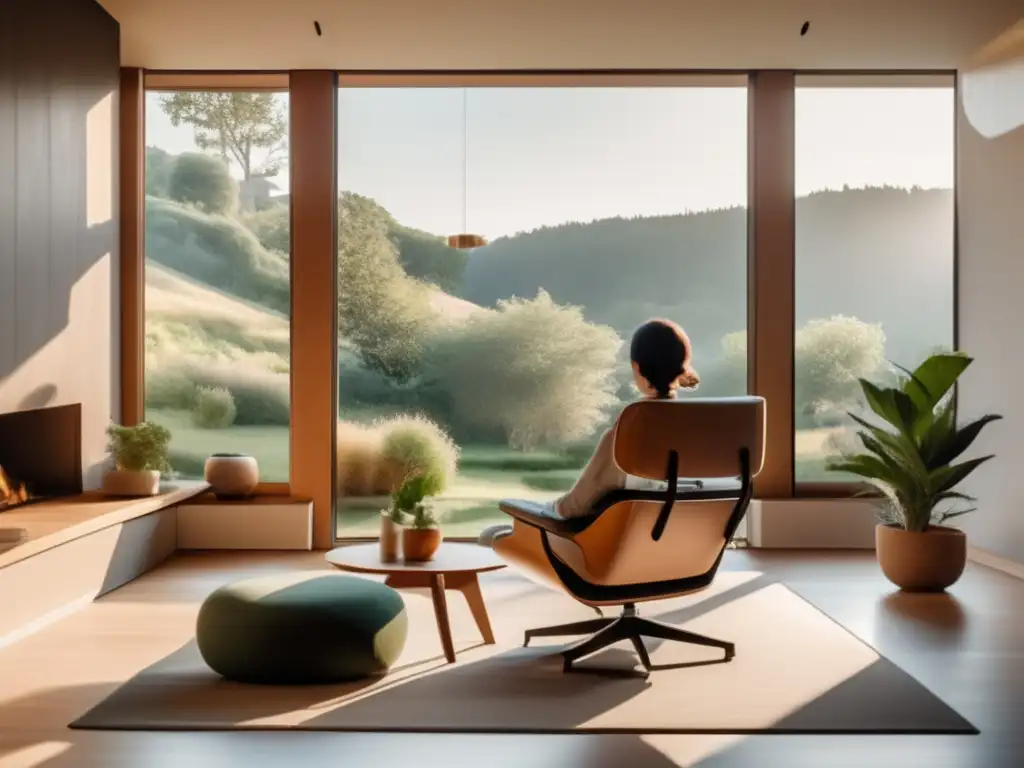 Un salón moderno y sereno con vistas a la naturaleza. <b>Una persona medita en una silla, integrando el mindfulness para envejecimiento saludable.