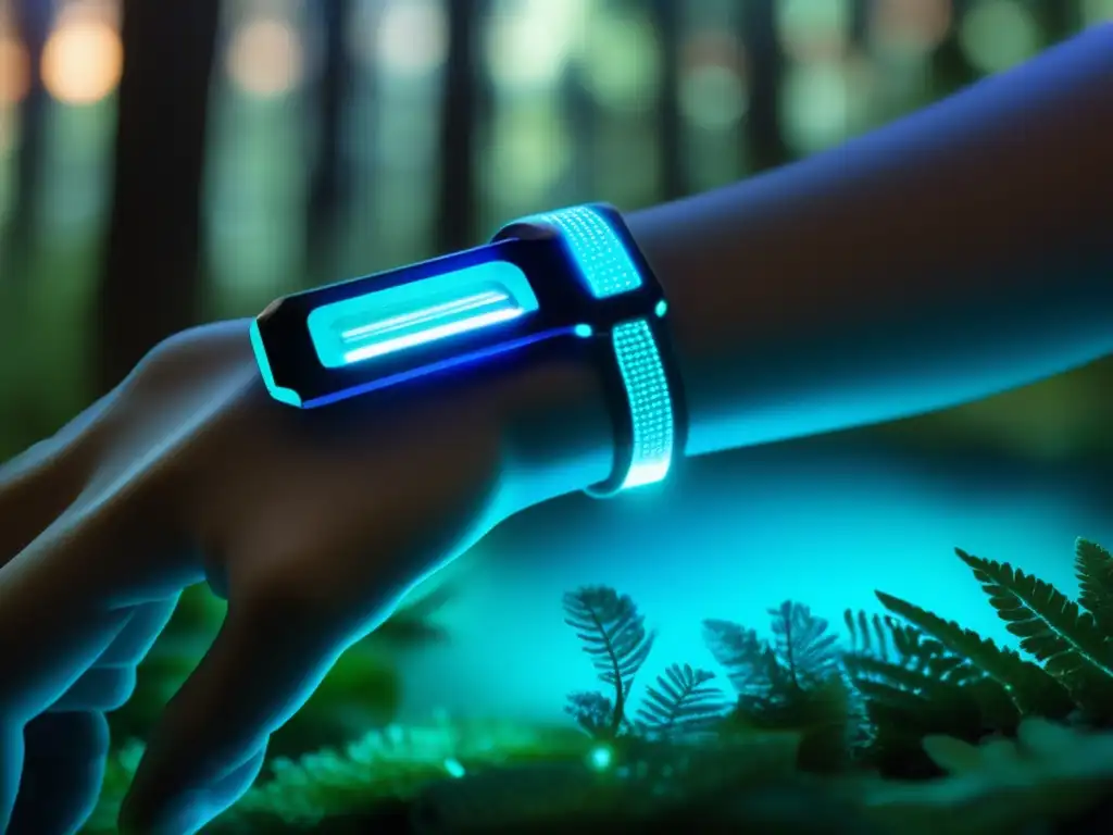 Un sensor de hidratación vestible futurista se fusiona con un bosque bioluminiscente, evocando innovación y armonía con la naturaleza.