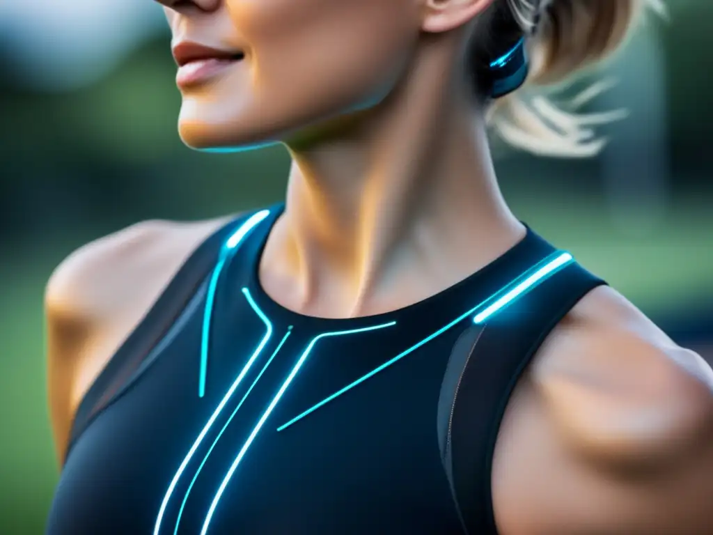 Un sensor de hidratación vestible moderno y elegante, con circuitos intrincados y diseño discreto. <b>Integrado en una camiseta de entrenamiento de alta tecnología, con luces LED sutiles que indican los niveles de hidratación.</b> El fondo muestra un entorno dinámico de gimnasio con colores