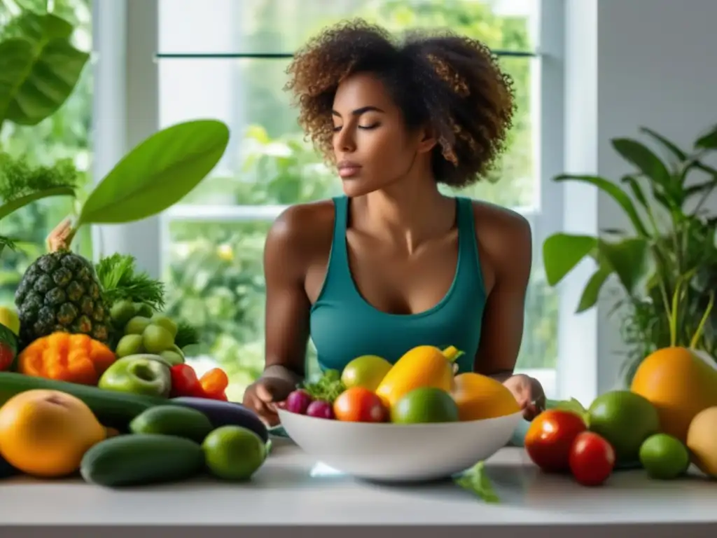 Un sereno momento de ayuno intermitente, conexión con la naturaleza y alimentación antioxidante en un ambiente soleado y pacífico.