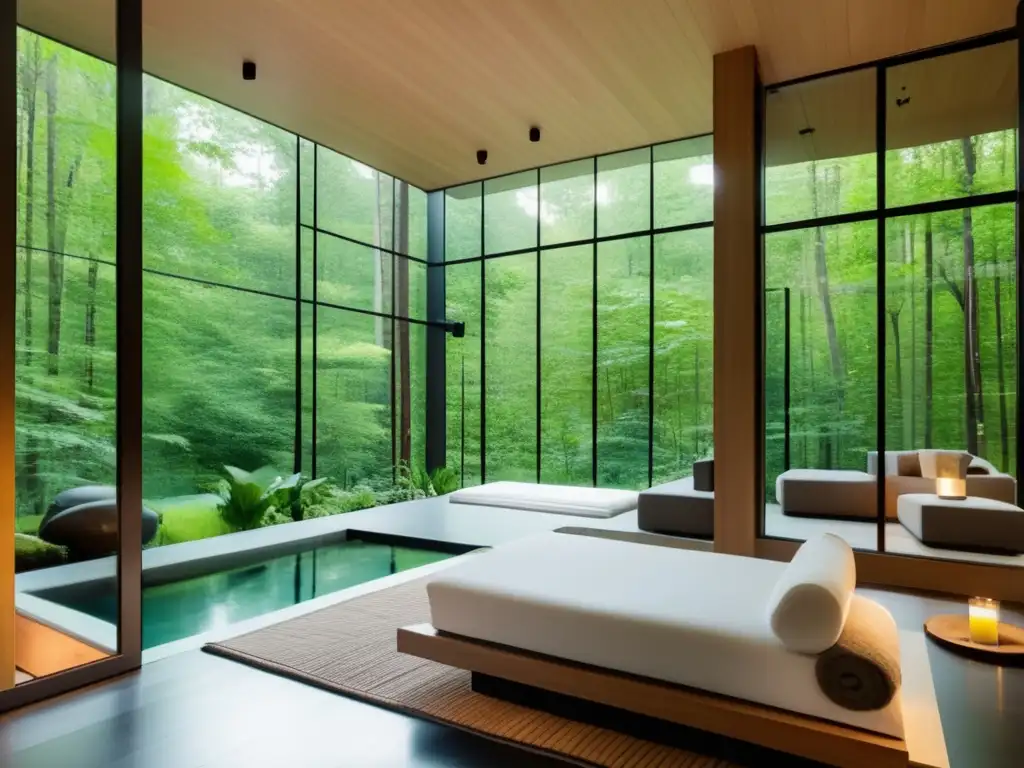 Un sereno refugio de spa con diseño minimalista y vistas al bosque. <b>Espacio relajante con piscina y sala de meditación.</b> <b>Ideal para spas y retiros para longevidad humana.