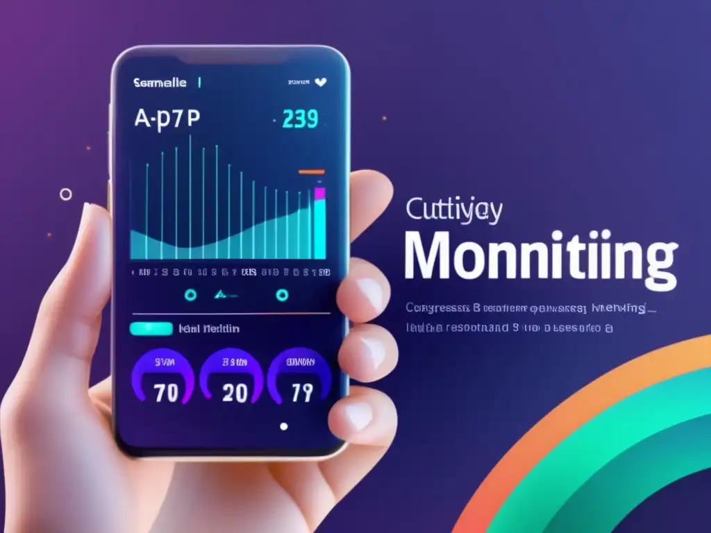 Un smartphone futurista muestra una app de monitoreo de longevidad con gráficos vibrantes y diseño minimalista. Apps para monitorear la longevidad.