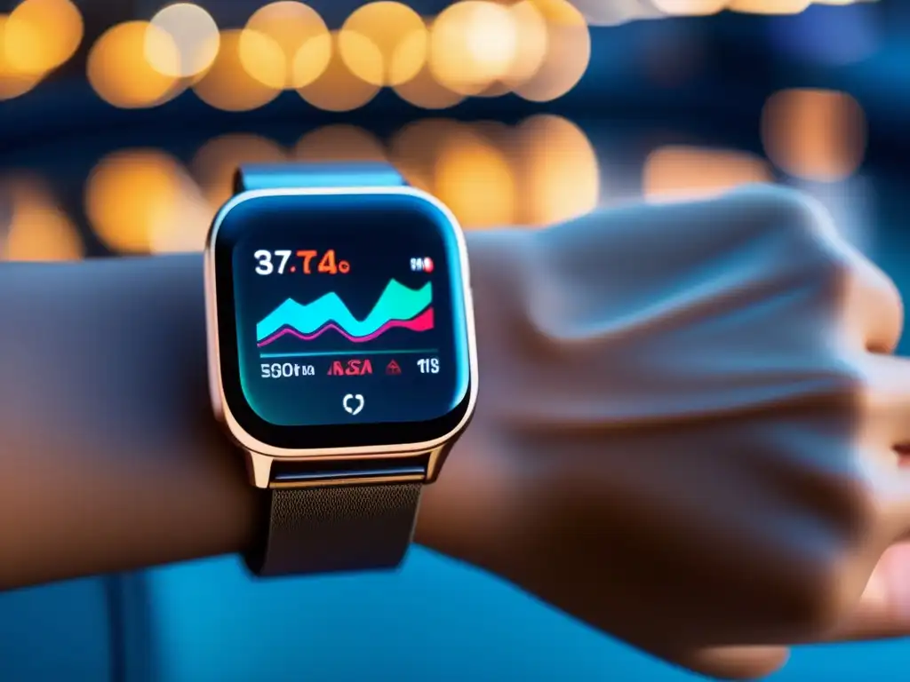 Smartwatch futurista con pantalla vibrante y métricas de salud