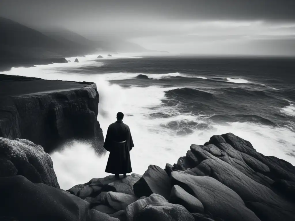 Un solitario contempla el poder del mar desde un acantilado rocoso, evocando la filosofía de la longevidad y mortalidad.