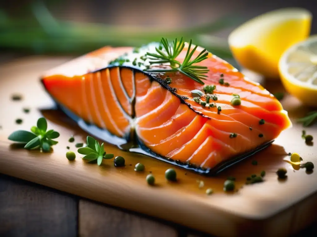 Un suculento filete de salmón, rico en omega 3, con hierbas frescas y una apetitosa humedad. <b>Beneficios del Omega 3 para longevidad.
