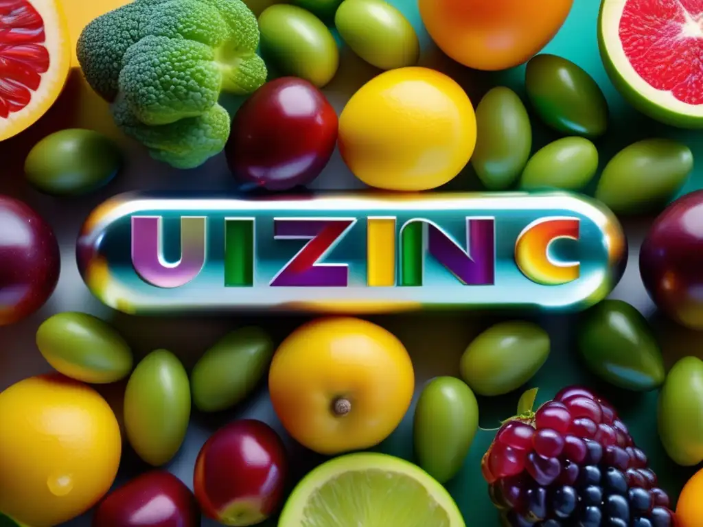 Un suplemento brillante de zinc rodeado de frutas y verduras frescas, resaltando la importancia de los suplementos de zinc para una vida saludable.