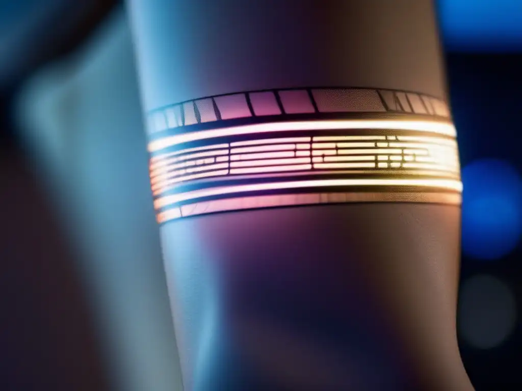 Un tatuaje electrónico para monitoreo salud iluminado en la piel, fusionando tecnología avanzada con diseño futurista.