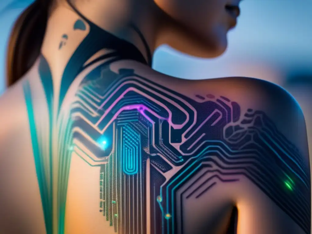 Un tatuaje electrónico de vanguardia integrado en la piel, capturando datos de salud en tiempo real. <b>Estilo futurista con tecnología avanzada.