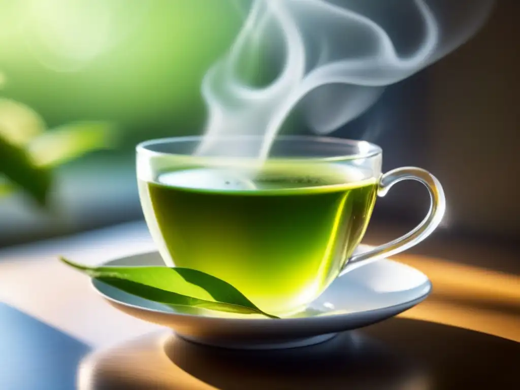 Una taza humeante de té verde con limón, bañada por la cálida luz del sol. <b>Detalles nítidos.</b> <b>Beneficios té verde envejecimiento.