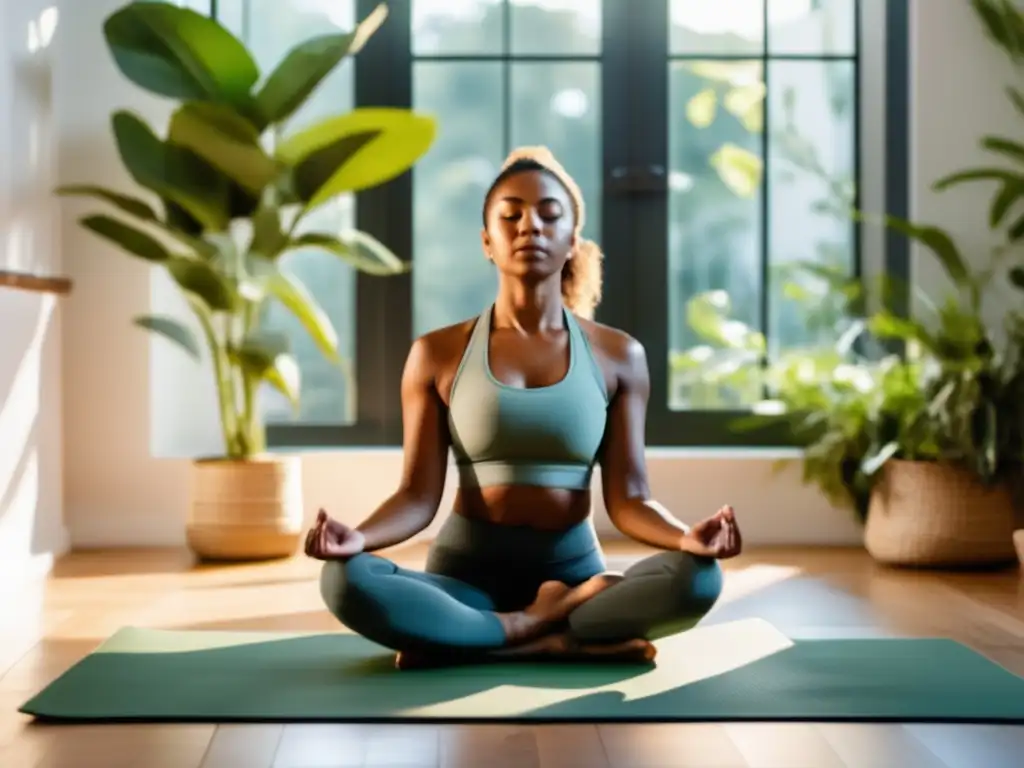 'Practicando técnicas mindfulness para prevenir enfermedades en un ambiente sereno, rodeado de plantas verdes y luz natural.'