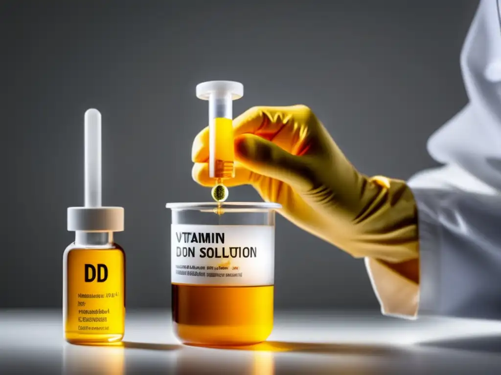 Precisa extracción de vitamina D en vial dorado Un técnico de laboratorio pipetea con precisión una solución dorada de vitamina D para alcanzar niveles óptimos de longevidad.