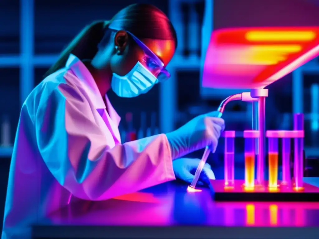 Un técnico de laboratorio pipetea líquido fluorescente en un tubo de ensayo bajo luz UV, destacando la influencia de suplementos en telómeros.