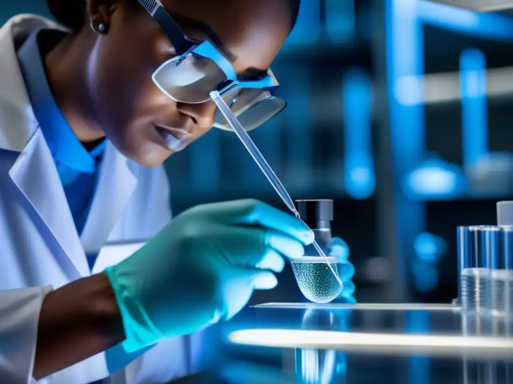 Un técnico de laboratorio pipetea con precisión un líquido claro en un vial transparente. La imagen refleja la tecnología punta y el cuidado meticuloso en el estudio de senolíticos para longevidad.