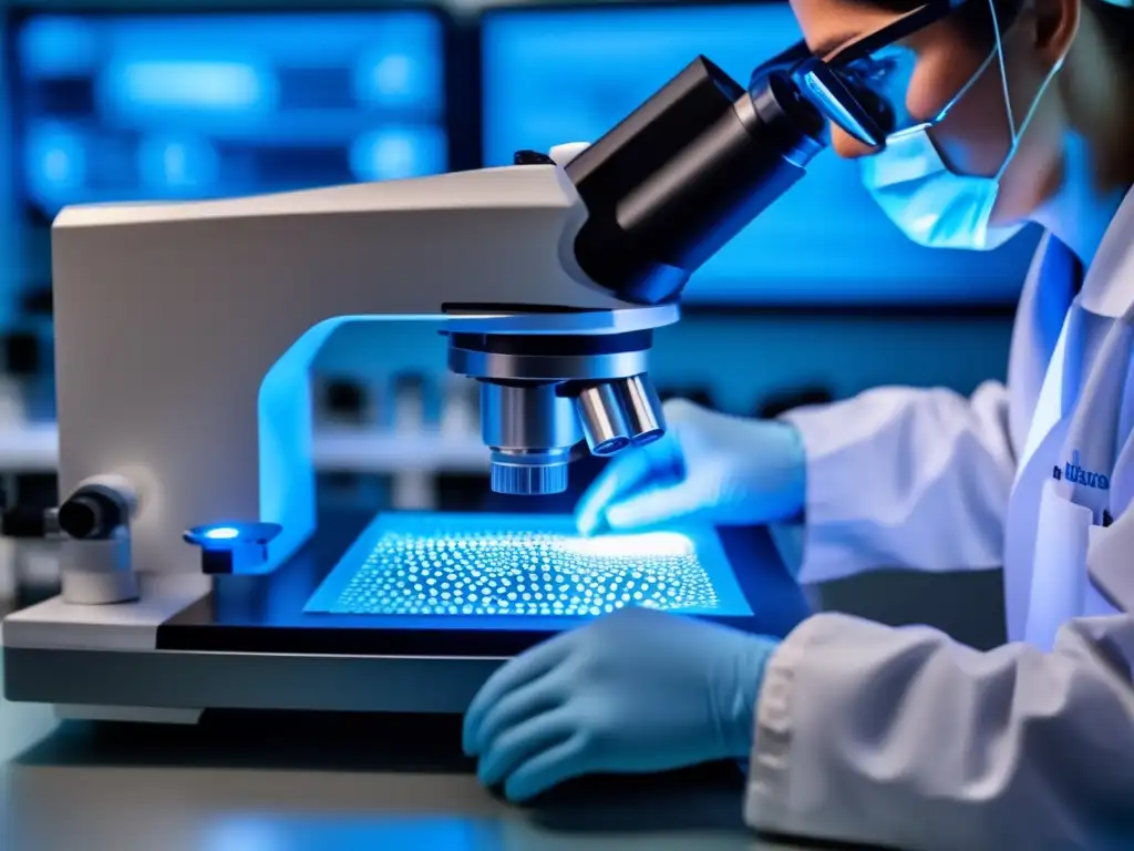 Un técnico de laboratorio manipula con precisión una muestra de células bajo un microscopio de última generación, bañadas en una suave luz azul. <b>Prolongación de la juventud mediante manipulación celular.