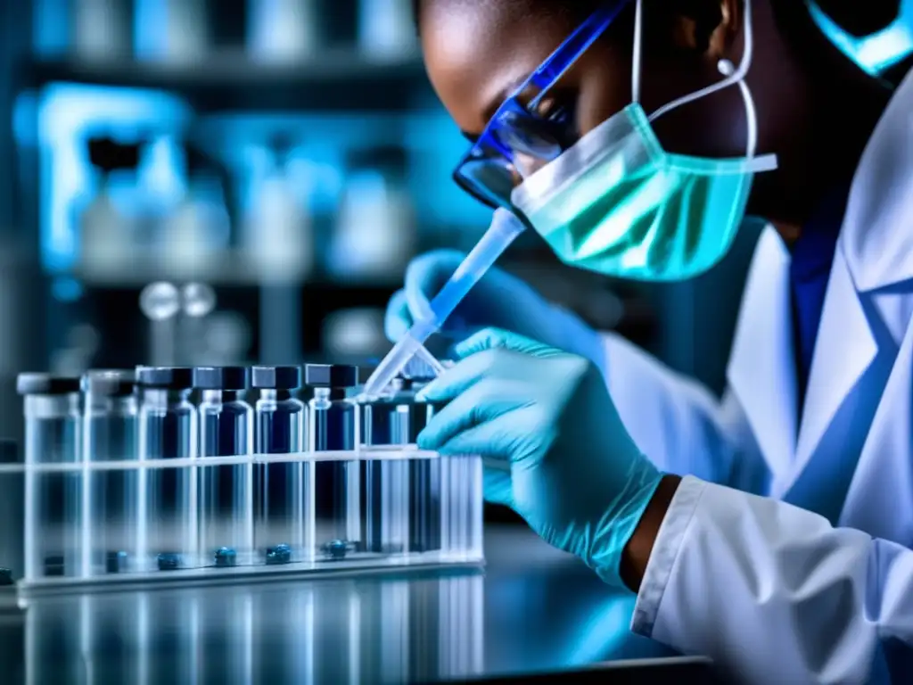 Precision en Laboratorio Farmacéutico Un técnico de laboratorio pipetea una solución clara en un vial, mostrando precisión y tecnología en la investigación de fármacos senolíticos para longevidad humana.