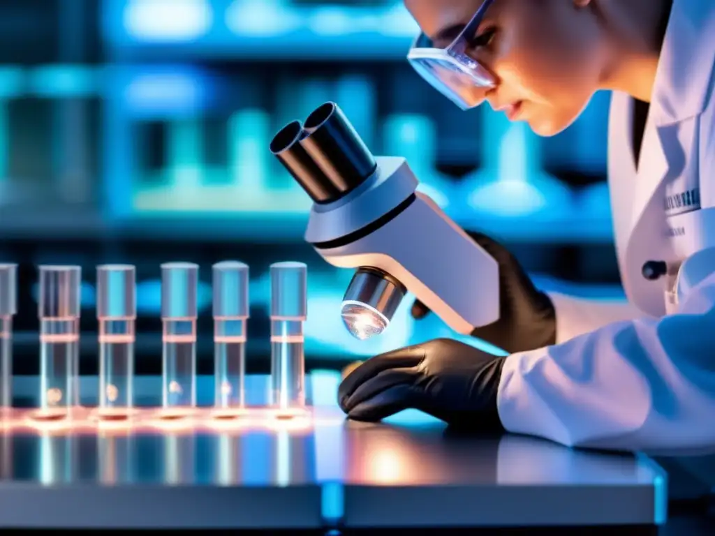 Un técnico de laboratorio manipula cuidadosamente un vial de células CART brillantes bajo un microscopio. La tenue luz etérea y la precisión técnica reflejan la vanguardia de las terapias células CART cáncer longevidad.