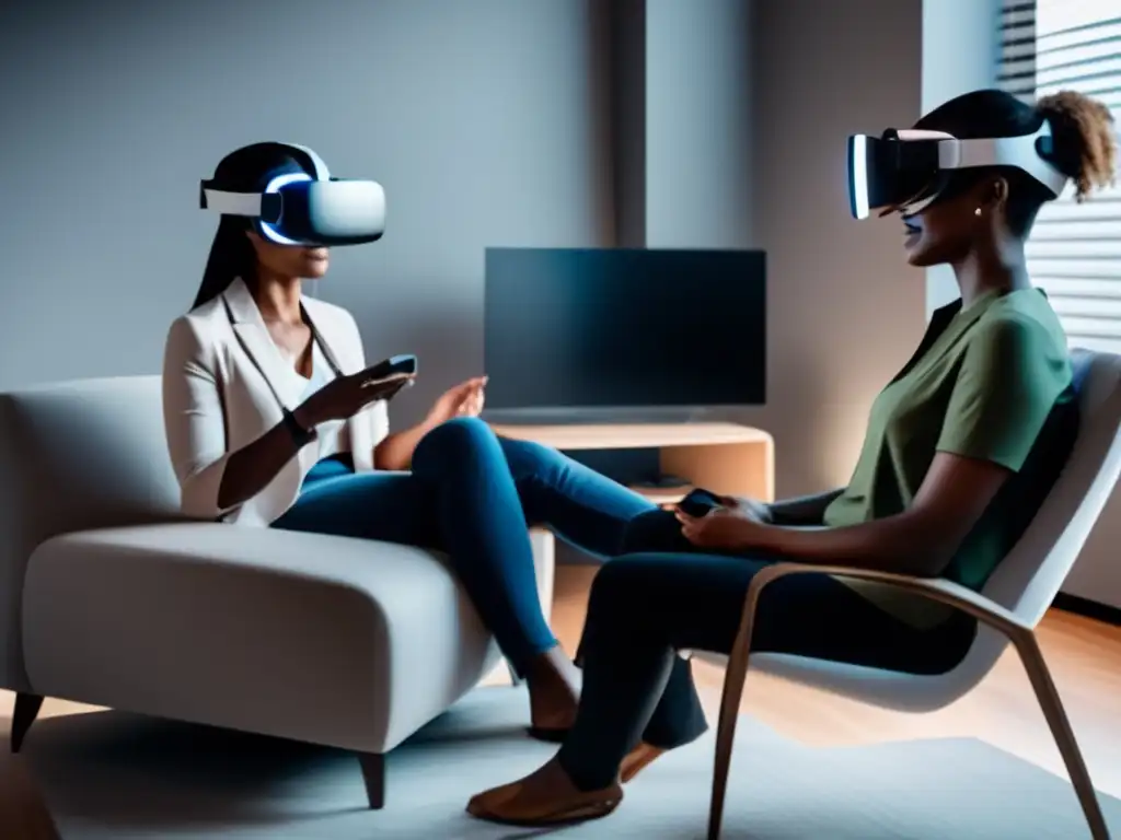 Un terapeuta guía a un paciente en una sesión de terapia de realidad virtual en una oficina moderna. <b>La atmósfera es calmada y profesional.