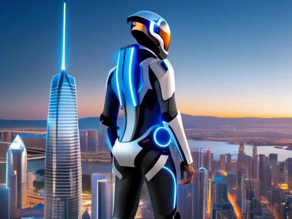 Exoesqueleto futurista en la ciudad Un traje de exoesqueleto moderno y elegante, con detalles futuristas y acentos LED, destacando sus beneficios en la movilidad diaria.