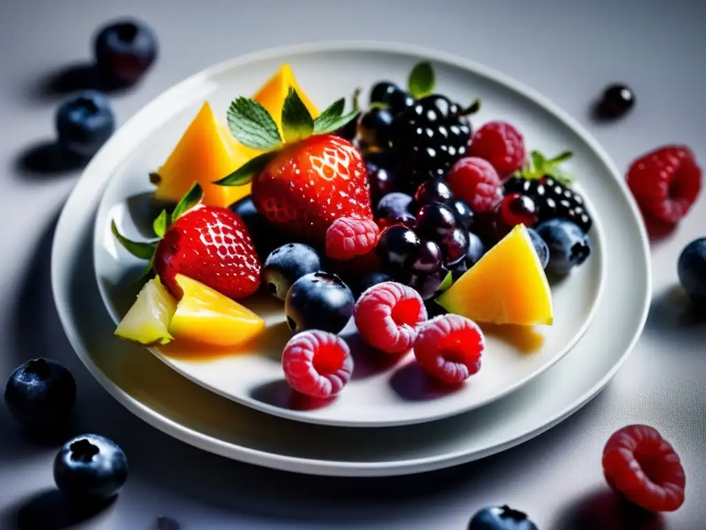 Una variedad de frutas vibrantes y coloridas, con beneficios de los polifenoles para longevidad, dispuestas en un plato blanco moderno.