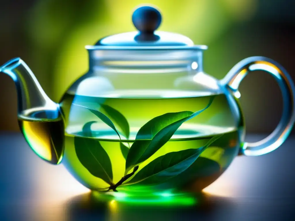 El té verde envejecimiento resplandece en una tetera de cristal, revelando sus beneficios en una danza de color y aroma.