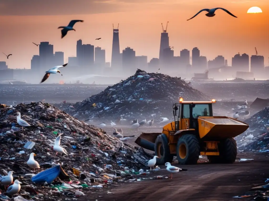 Un vertedero extenso bajo un cielo brumoso, con maquinaria moviendo basura y gaviotas volando. Montones de desechos emiten mal olor, mientras la ciudad se ve envuelta en contaminación. <b>El sol se pone, creando un escenario desolador.</b> 'Impacto de vertederos