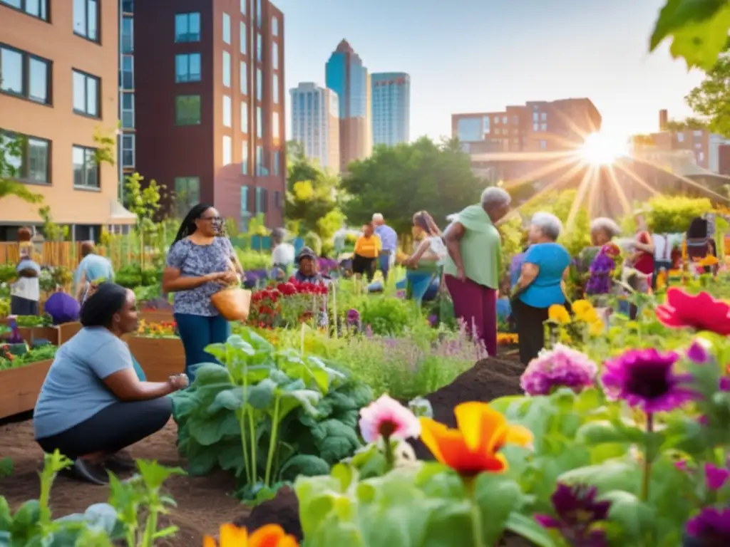 Un vibrante jardín comunitario donde personas de todas las edades participan en iniciativas locales de longevidad saludable.