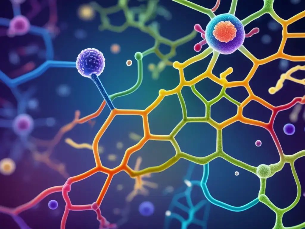 Una representación vibrante y dinámica del microbioma, resaltando la importancia del equilibrio para la longevidad.