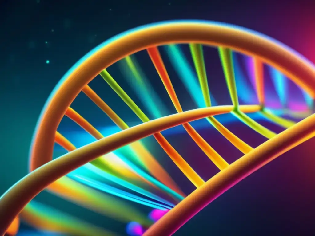 Una representación ultradetallada y vibrante de una doble hélice de ADN, exudando una estética científica moderna. <b>Genética y longevidad humana.