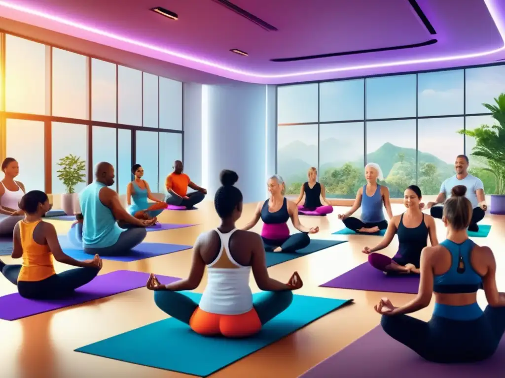 Un vibrante escenario de talleres prácticos para retrasar envejecimiento, con personas diversas practicando yoga, meditación y cocina saludable.