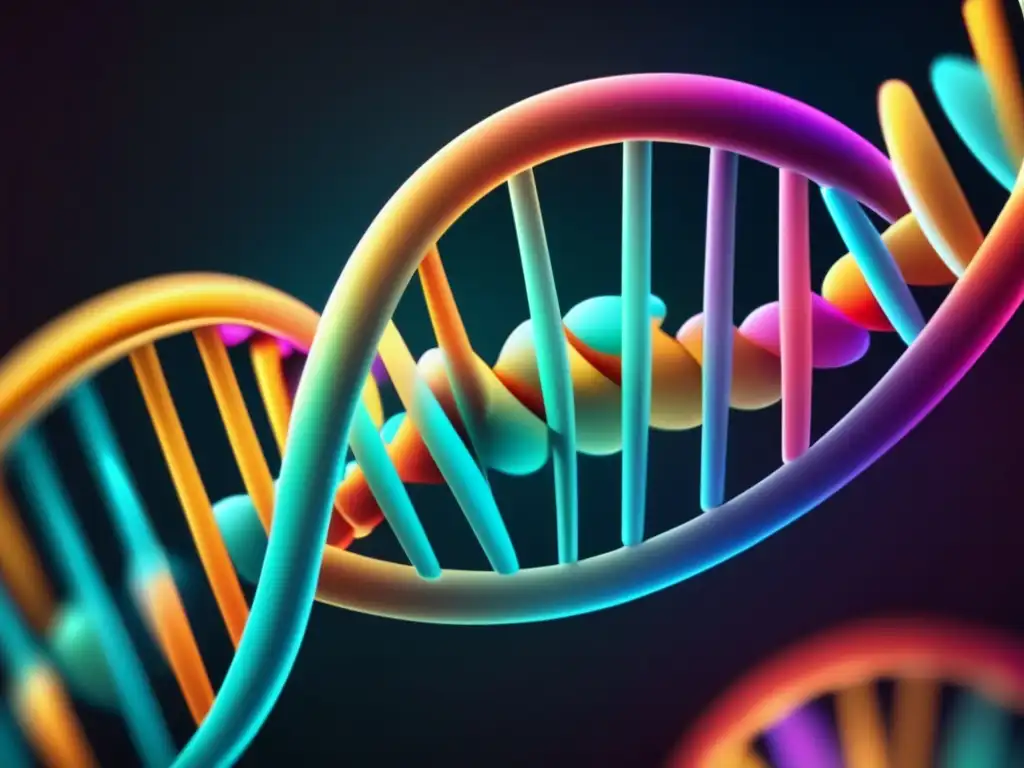 Una representación ultradetallada y vibrante de la estructura de doble hélice del ADN, evocando maravilla científica y la influencia genética.