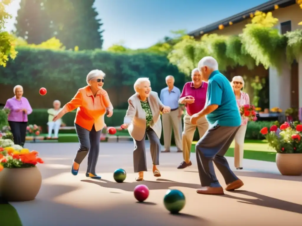 Un vibrante juego de bocce ball en una comunidad de longevidad zonas azules, con ancianos disfrutando la compañía y la actividad al aire libre.