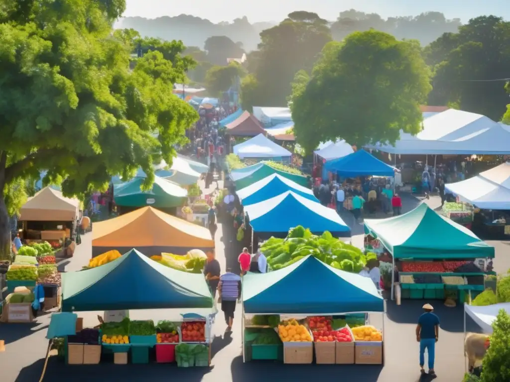 Un vibrante mercado de alimentos saludables en una comunidad de Zonas Azules, con puestos coloridos rebosantes de productos frescos. Los lugareños y visitantes disfrutan de la variedad de ofertas mientras el paisaje exuberante realza la escena.