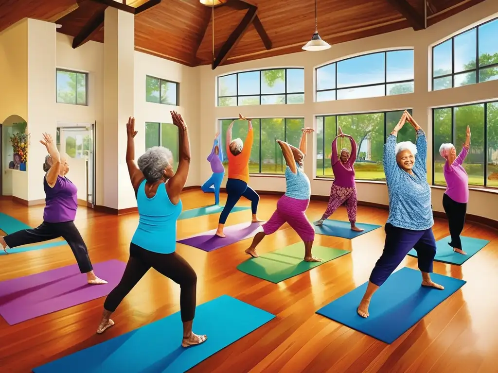 Un vibrante y moderno cuadro de arte que muestra a adultos mayores diversos y alegres participando en actividades como yoga, pintura y socialización en un centro comunitario acogedor. Refleja la esencia de la felicidad, vitalidad y conexión en el envejecimiento, inspirando estrategias para bienestar mental dur