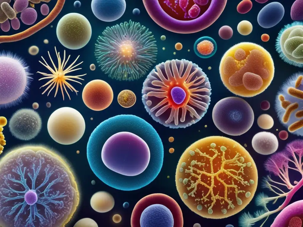 Un vibrante mundo de microorganismos revela la complejidad y diversidad del microbioma. Colores vivos y detalles intrincados dan vida al microbioma, enfatizando la importancia de un microbioma equilibrado para longevidad.