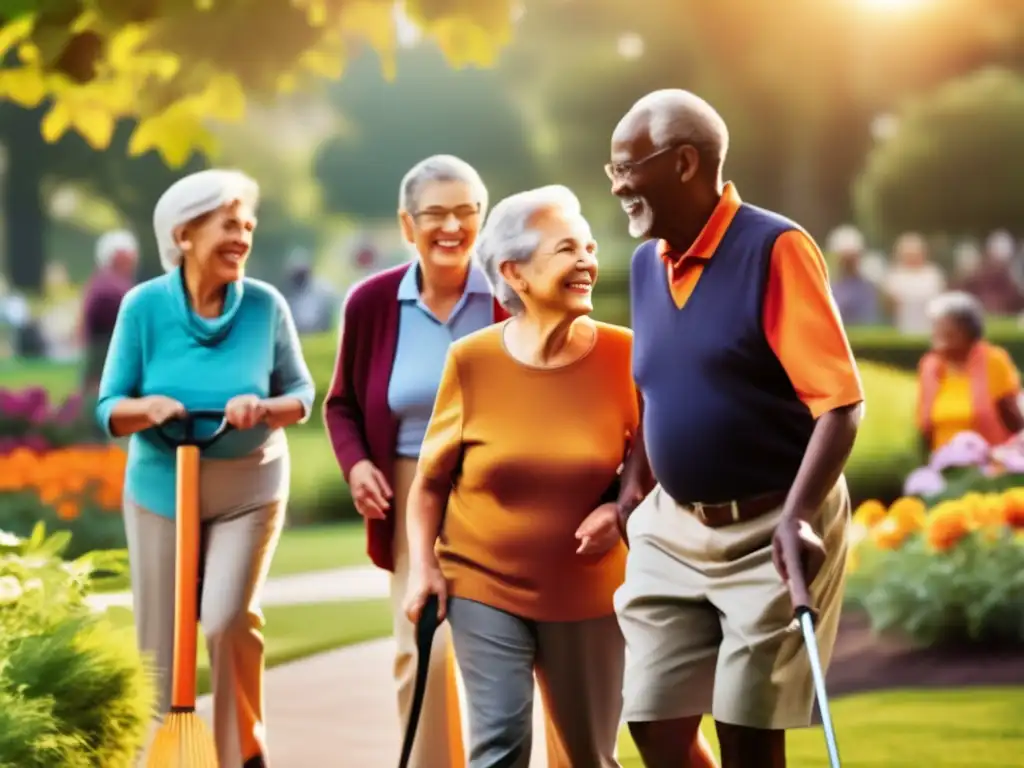 Un vibrante parque comunitario donde ancianos disfrutan de actividades al aire libre, resaltando la importancia de la inmunología en longevidad.