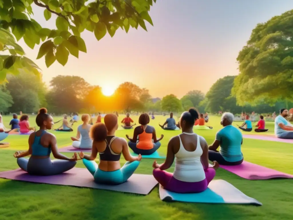 Escena vibrante de bienestar en comunidad, parque verde al atardecer Un vibrante parque lleno de gente de todas las edades participando en actividades físicas y disfrutando de alimentos y bebidas probióticos en una tarde soleada, transmitiendo vitalidad y bienestar comunitario.