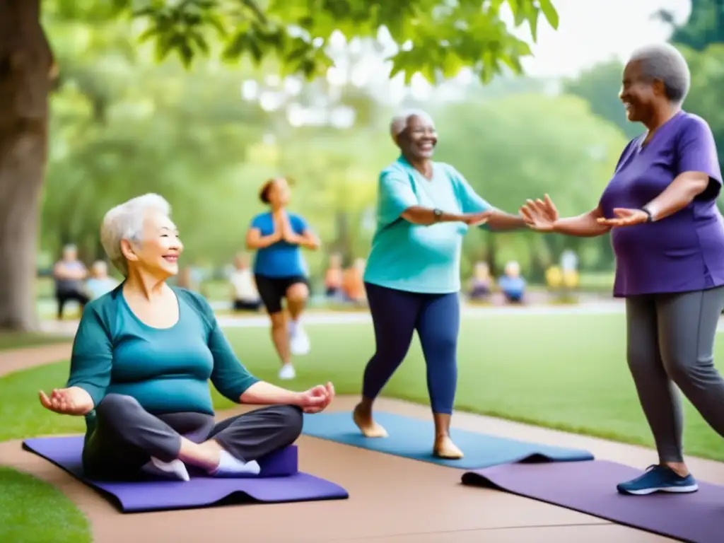 Un vibrante parque público con actividades físicas para adultos mayores fomenta movilidad en vejez.